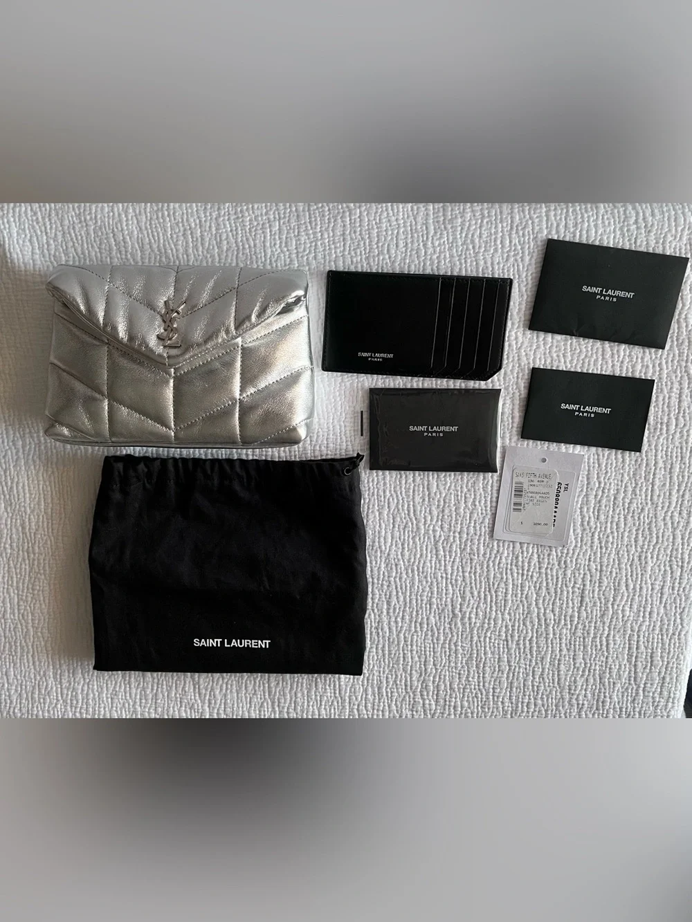 GORGEOUS Saint Laurent Silver Metallic Leather LouLou Puffer Pouch Clutch $1090